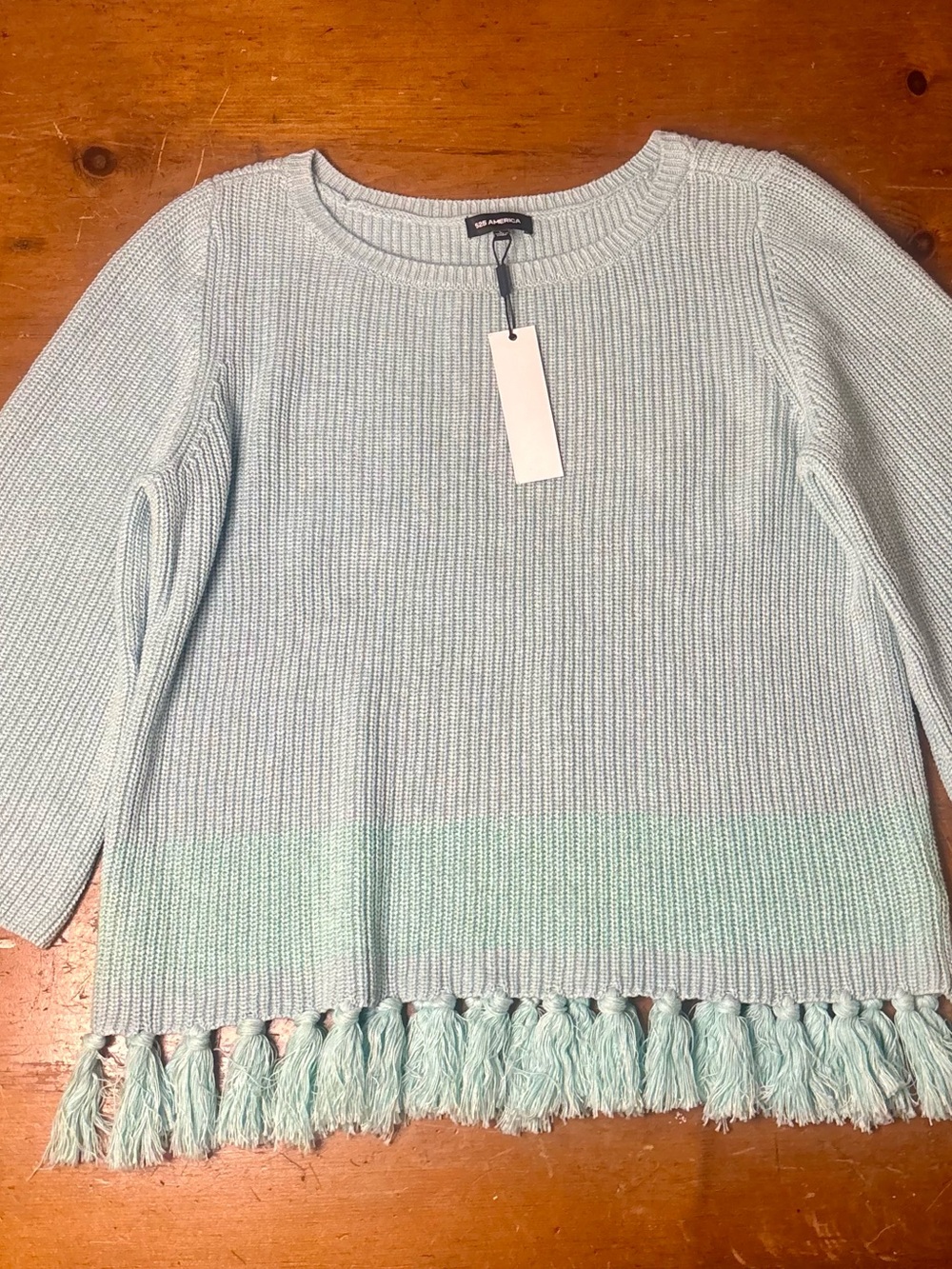 525 America NWT L Blue Cotton Knit Sweater Tassel Fringe Bell Sleeve Boho